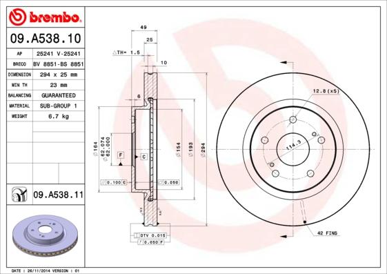 Brembo 09.A538.11 - Тормозной диск parts5.com