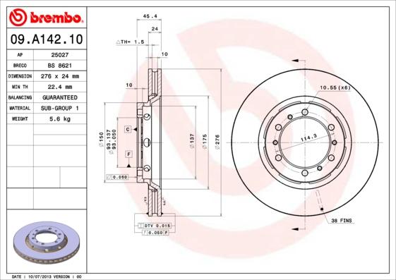 Brembo 09.A142.10 - Тормозной диск parts5.com