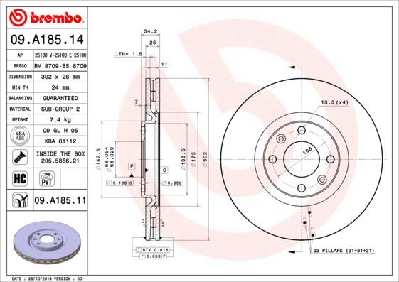 Brembo 09.A185.11 - Тормозной диск parts5.com