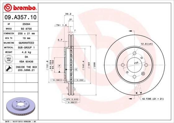 Brembo 09.A357.10 - Тормозной диск parts5.com