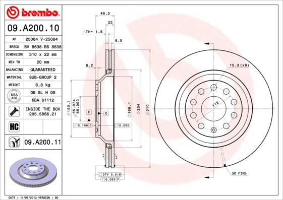 Brembo 09.A200.11 - Тормозной диск parts5.com