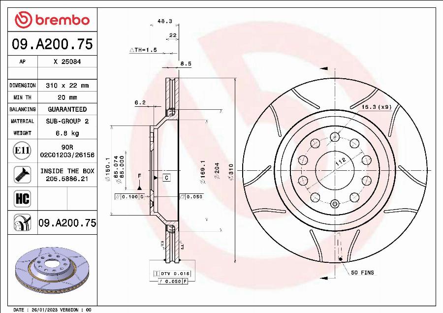 Brembo 09.A200.75 - Тормозной диск parts5.com