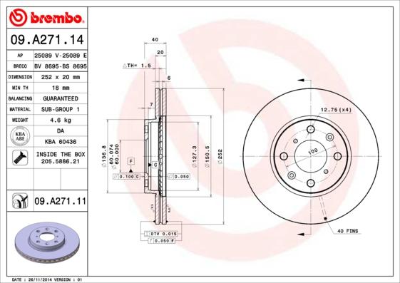 Brembo 09.A271.11 - Тормозной диск parts5.com