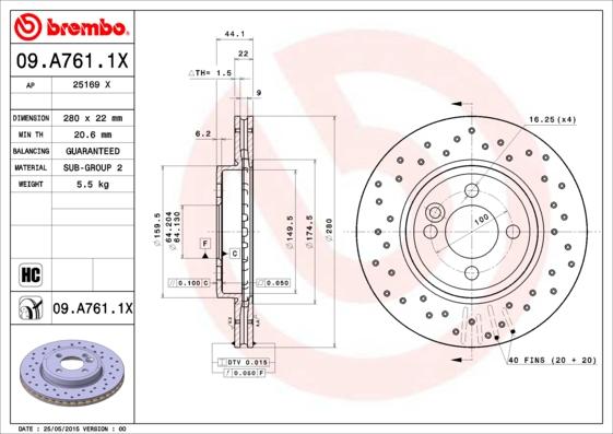 Brembo 09.A761.1X - Тормозной диск parts5.com