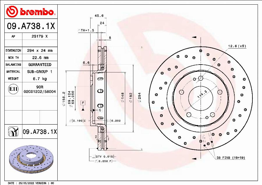 Brembo 09.A738.1X - Тормозной диск parts5.com