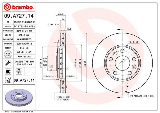 Brembo 09.A727.11 - Тормозной диск parts5.com