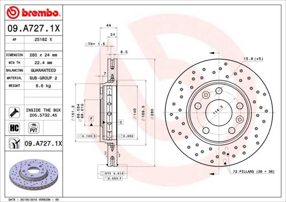 Brembo 09.A727.1X - Тормозной диск parts5.com