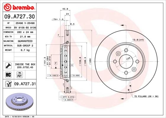 Brembo 09.A727.31 - Тормозной диск parts5.com