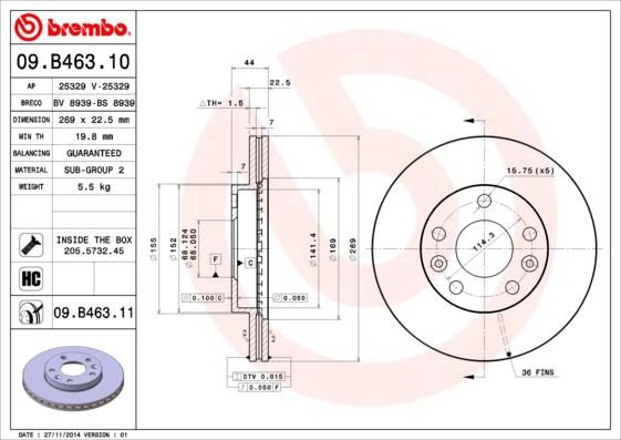 Brembo 09.B463.11 - Тормозной диск parts5.com