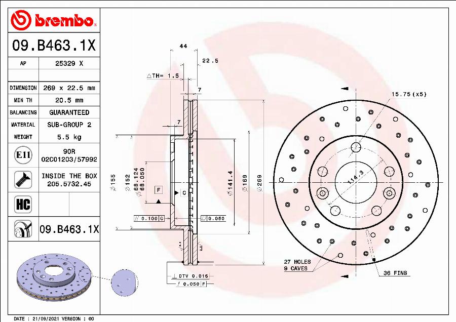 Brembo 09.B463.1X - Тормозной диск parts5.com