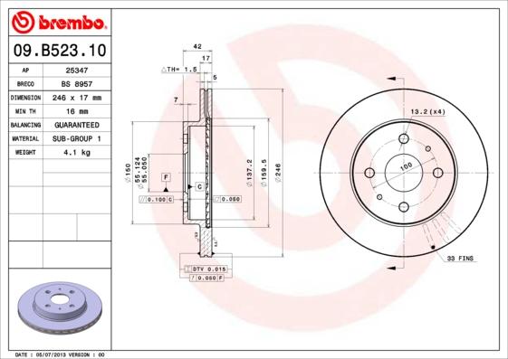 Brembo 09.B523.10 - Тормозной диск parts5.com