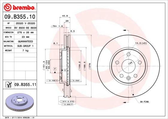 Brembo 09.B355.11 - Тормозной диск parts5.com