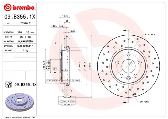 Brembo 09.B355.1X - Тормозной диск parts5.com