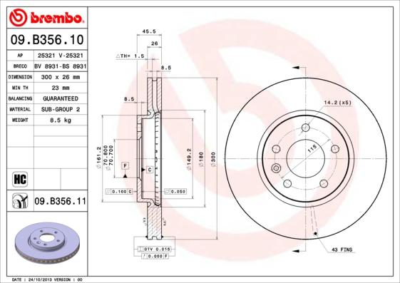 Brembo 09.B356.11 - Тормозной диск parts5.com