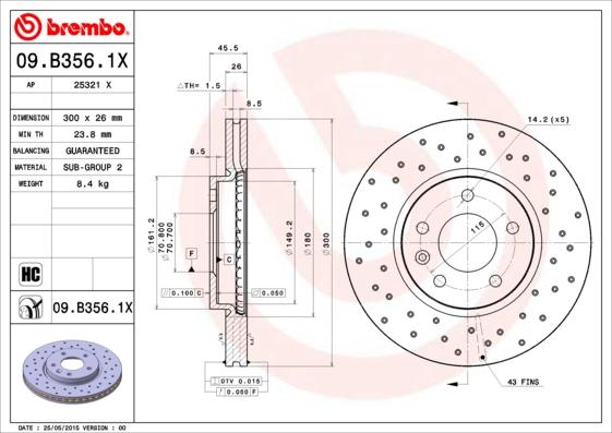 Brembo 09.B356.1X - Тормозной диск parts5.com