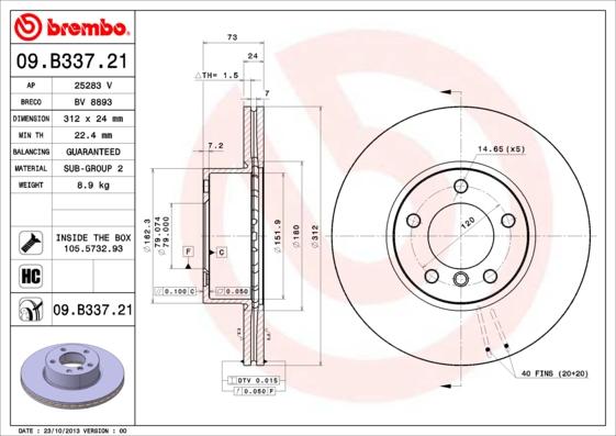 Brembo 09.B337.21 - Тормозной диск parts5.com