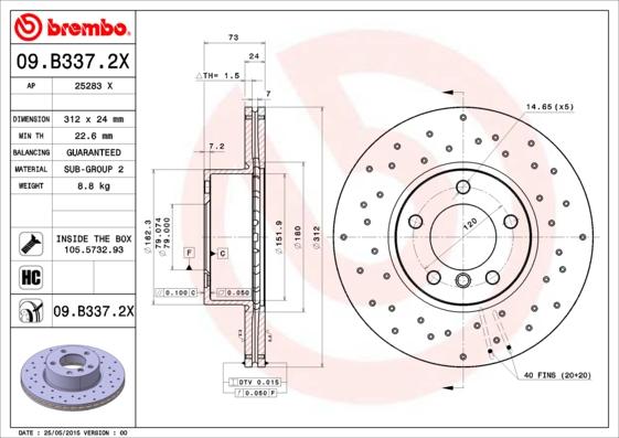 Brembo 09.B337.2X - Тормозной диск parts5.com