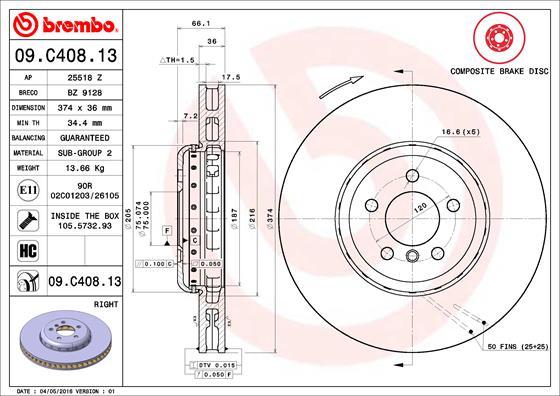 Brembo 09.C408.13 - Тормозной диск parts5.com