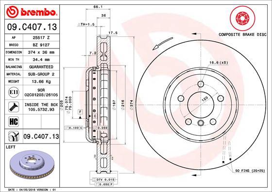 Brembo 09.C407.13 - Тормозной диск parts5.com