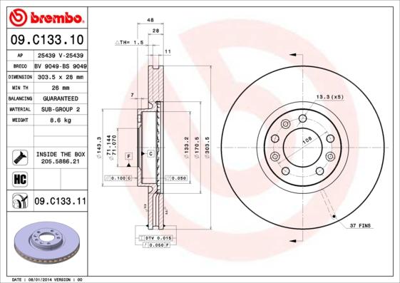 Brembo 09.C133.11 - Тормозной диск parts5.com