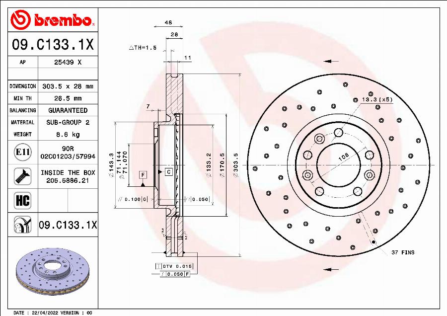 Brembo 09.C133.1X - Тормозной диск parts5.com