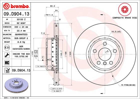 Brembo 09.D904.13 - Тормозной диск parts5.com