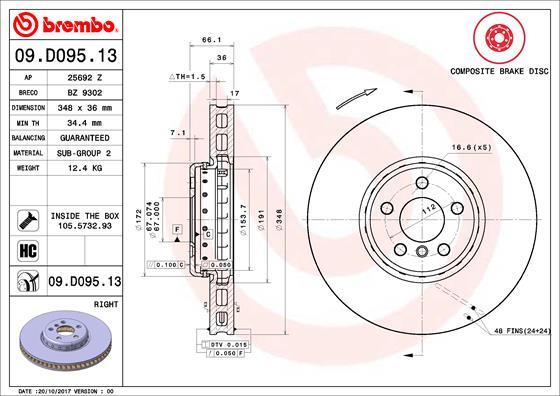 Brembo 09.D095.13 - Тормозной диск parts5.com