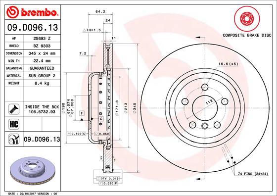 Brembo 09.D096.13 - Тормозной диск parts5.com