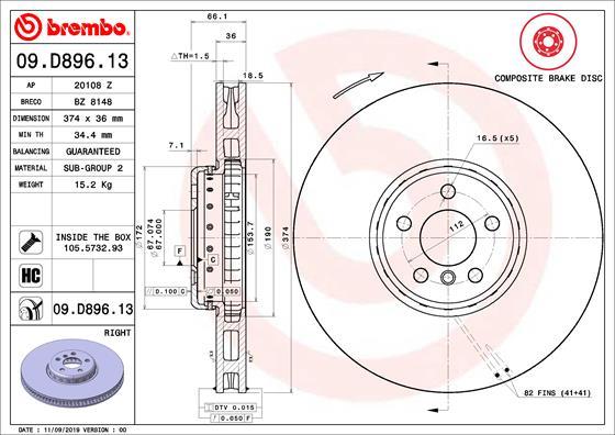 Brembo 09.D896.13 - Тормозной диск parts5.com