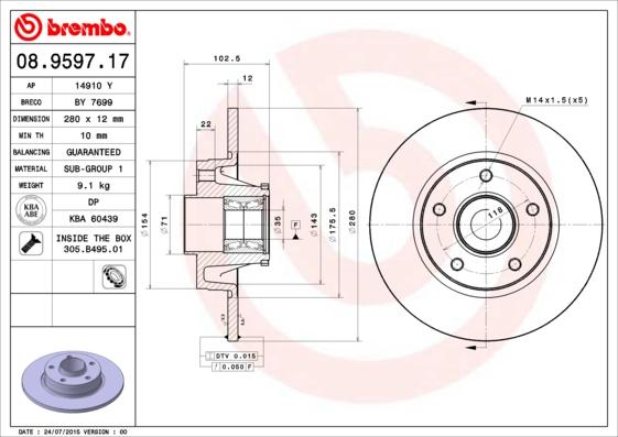 Brembo 08.9597.17 - Тормозной диск parts5.com