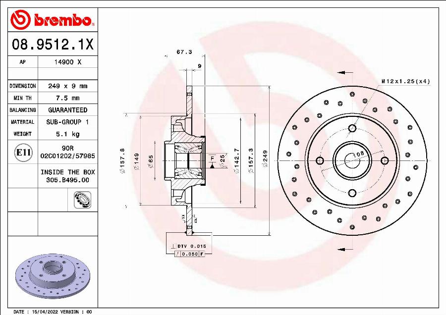 Brembo 08.9512.1X - Тормозной диск parts5.com