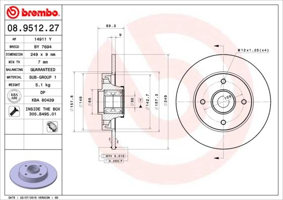 Brembo 08.9512.27 - Тормозной диск parts5.com