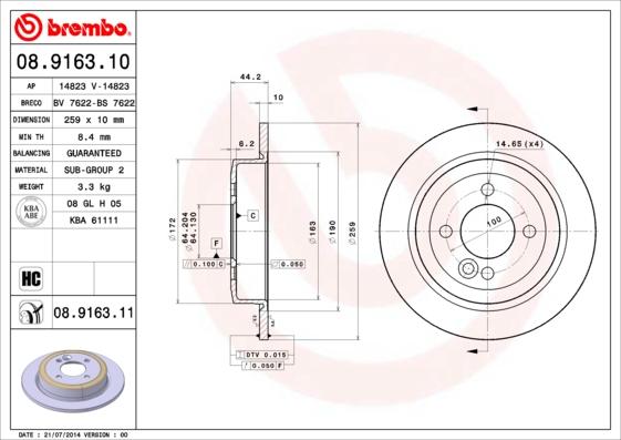 Brembo 08.9163.11 - Тормозной диск parts5.com