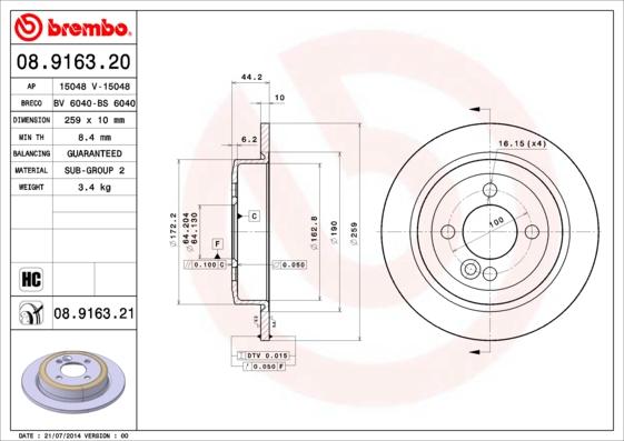 Brembo 08.9163.21 - Тормозной диск parts5.com