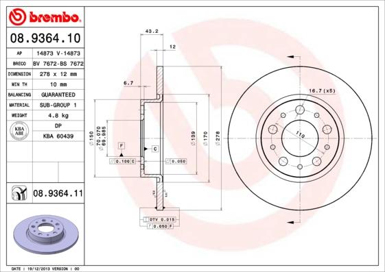 Brembo 08.9364.11 - Тормозной диск parts5.com