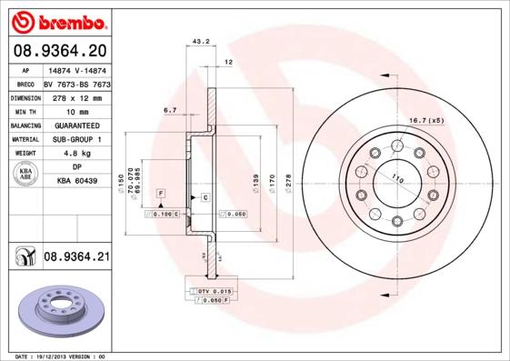 Brembo 08.9364.21 - Тормозной диск parts5.com