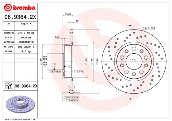 Brembo 08.9364.2X - Тормозной диск parts5.com