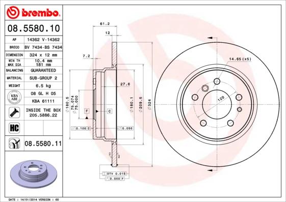 Brembo 08.5580.11 - Тормозной диск parts5.com