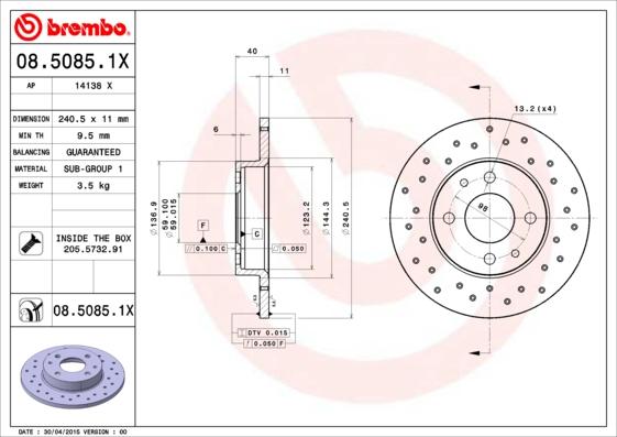 Brembo 08.5085.1X - Тормозной диск parts5.com