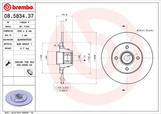 Brembo 08.5834.37 - Тормозной диск parts5.com