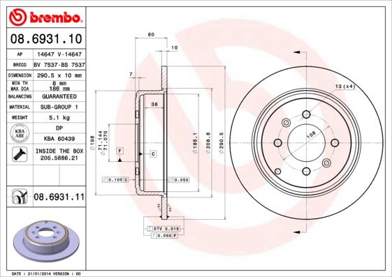 Brembo 08.6931.11 - Тормозной диск parts5.com