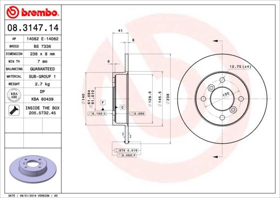 Brembo 08.3147.14 - Тормозной диск parts5.com