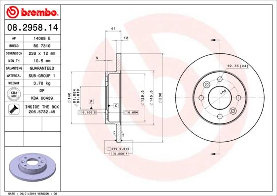 Brembo 08.2958.14 - Тормозной диск parts5.com