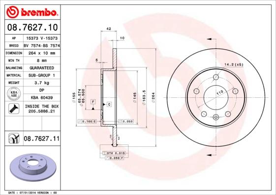 Brembo 08.7627.11 - Тормозной диск parts5.com