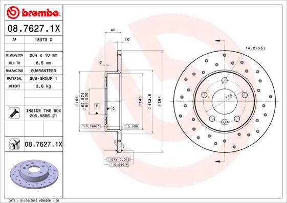 Brembo 08.7627.1X - Тормозной диск parts5.com