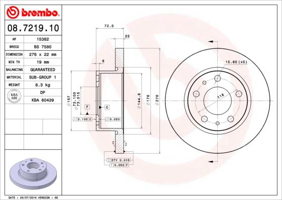 Brembo 08.7219.10 - Тормозной диск parts5.com
