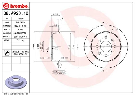 Brembo 08.A920.10 - Тормозной диск parts5.com