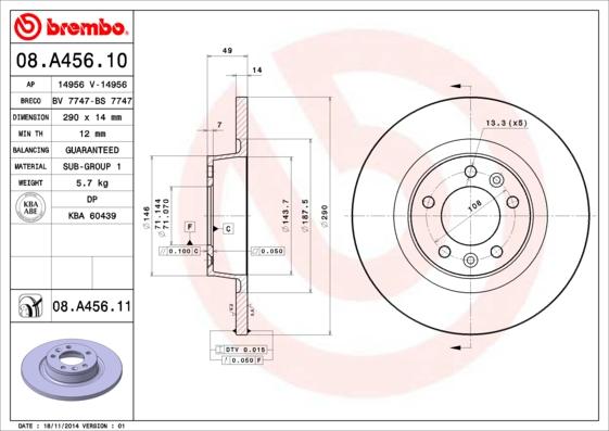 Brembo 08.A456.11 - Тормозной диск parts5.com