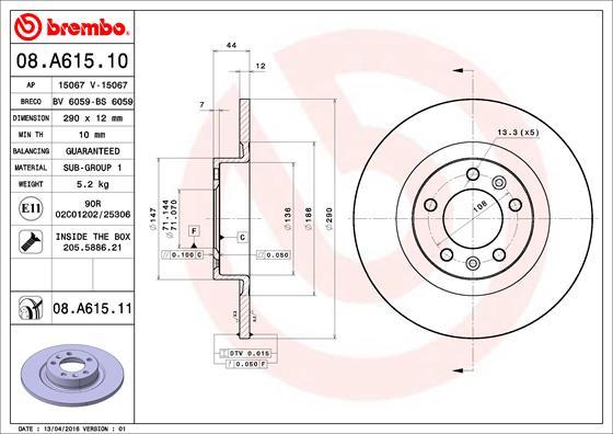 Brembo 08.A615.11 - Тормозной диск parts5.com