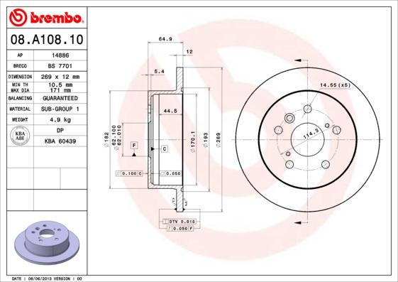 Brembo 08.A108.10 - Тормозной диск parts5.com